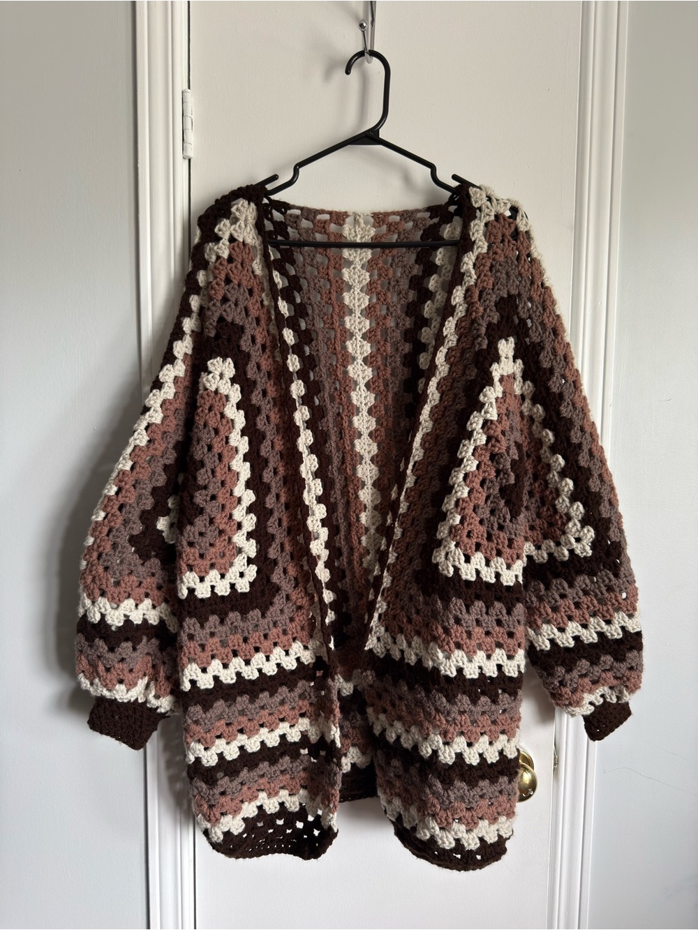 Cozy Crochet Open Cardigan Sweater - Brown & Cream